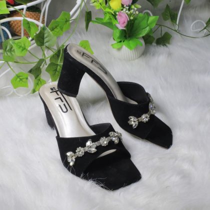 Black Suede Rhinestone Embellished Block Heel Mule Sandal