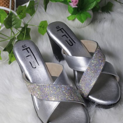 Rhinestone Embellished Criss-Cross Wedge Heel Slide Sandals