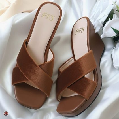 Brown Satin Criss-Cross Wedge Platform Mule Sandals