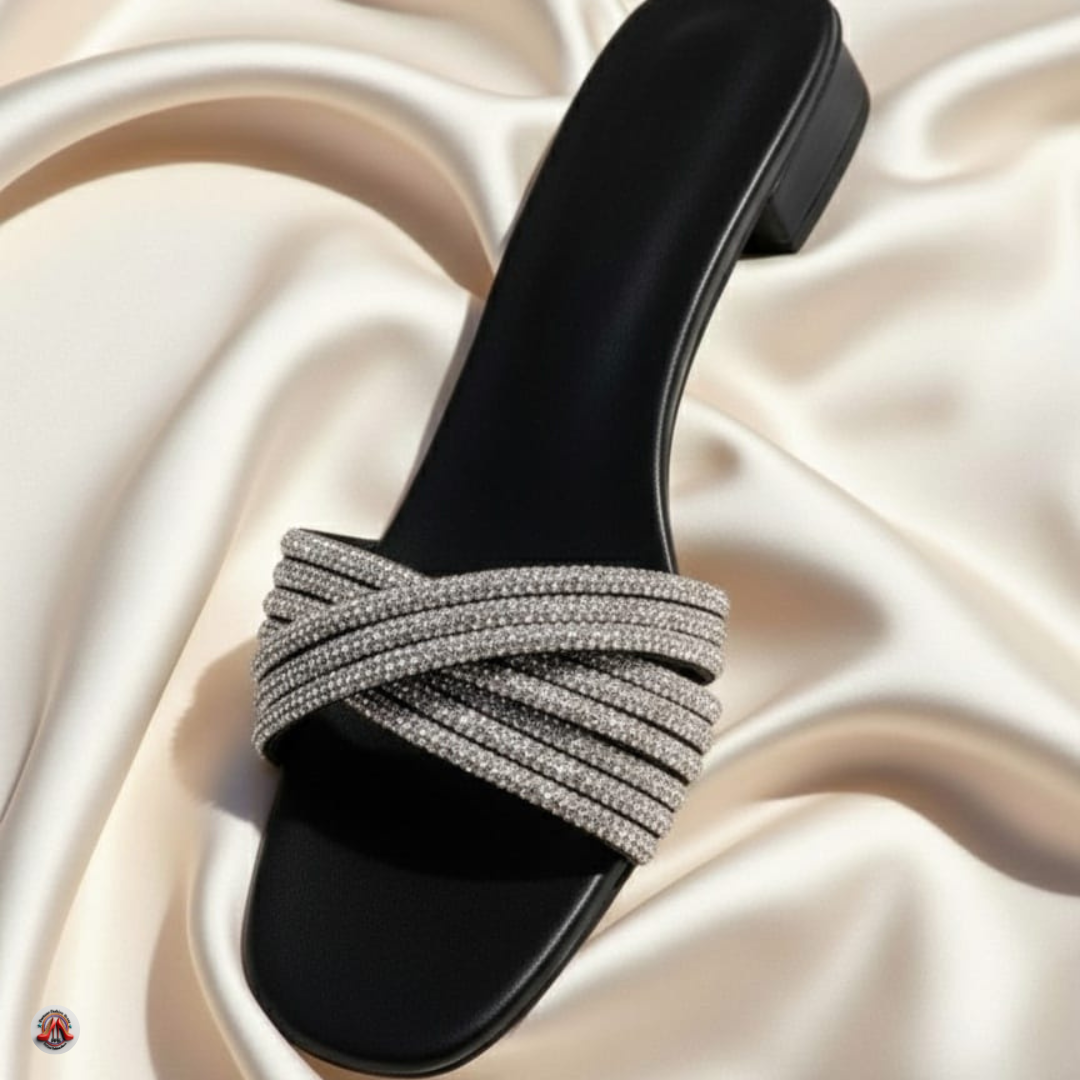 Gold rhinestone crisscross slide sandals - Image 2